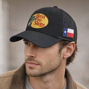 Bass Pro Shops Trucker Hat Black Mesh Texas Flag Patch Adjustable Cap
